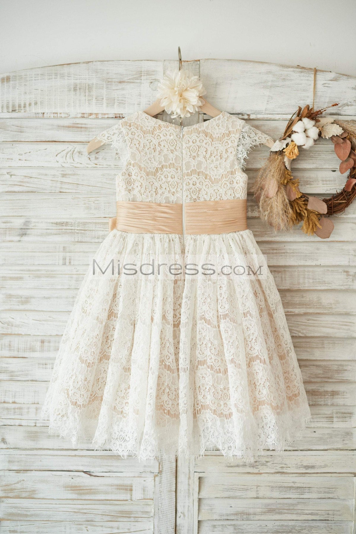 ivory cap sleeve dress Champagne Satin Lace Sleeves Wedding Flower Girl Dress, Bow 1T --- Chest = 20 inches/ Waist = 19 inches/ Hollow to knee = 20.5 inches flowy a-line dress