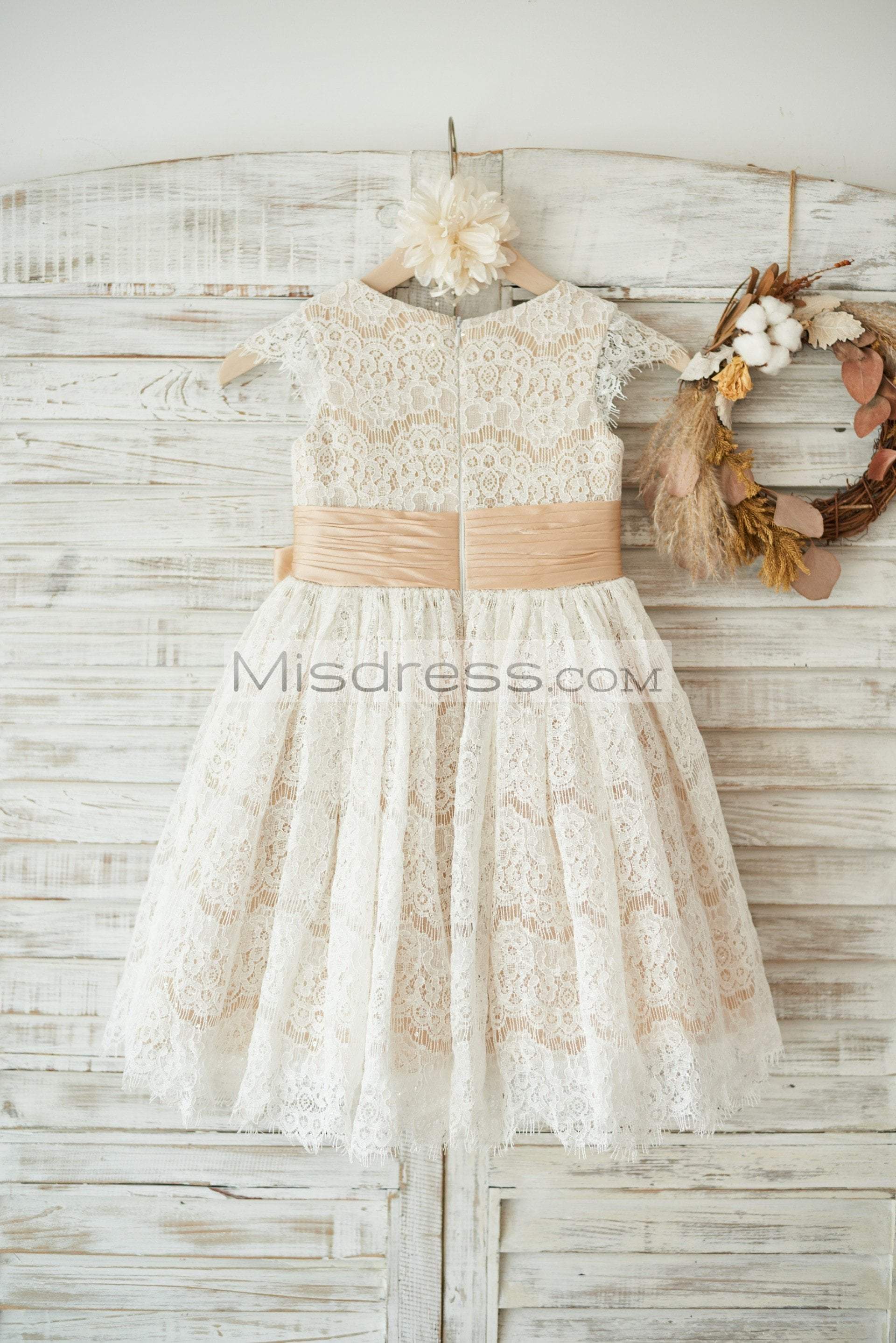 Champagne Satin Ivory Lace Cap Sleeves Wedding Flower Girl Dress with Bow Belt - Flower Girl Dresses