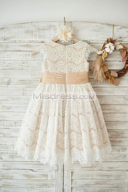 Champagne Satin Ivory Lace Cap Sleeves Wedding Flower Girl Dress with Bow Belt - Flower Girl Dresses