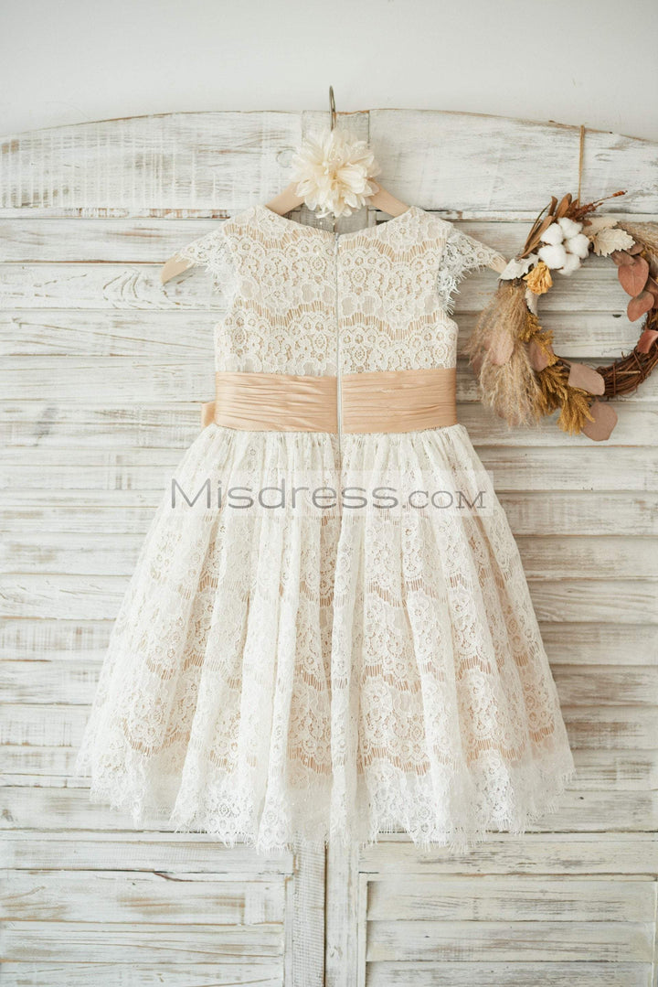Champagne Satin Ivory Lace Cap Sleeves Flower Girl Dress, Bow 10T