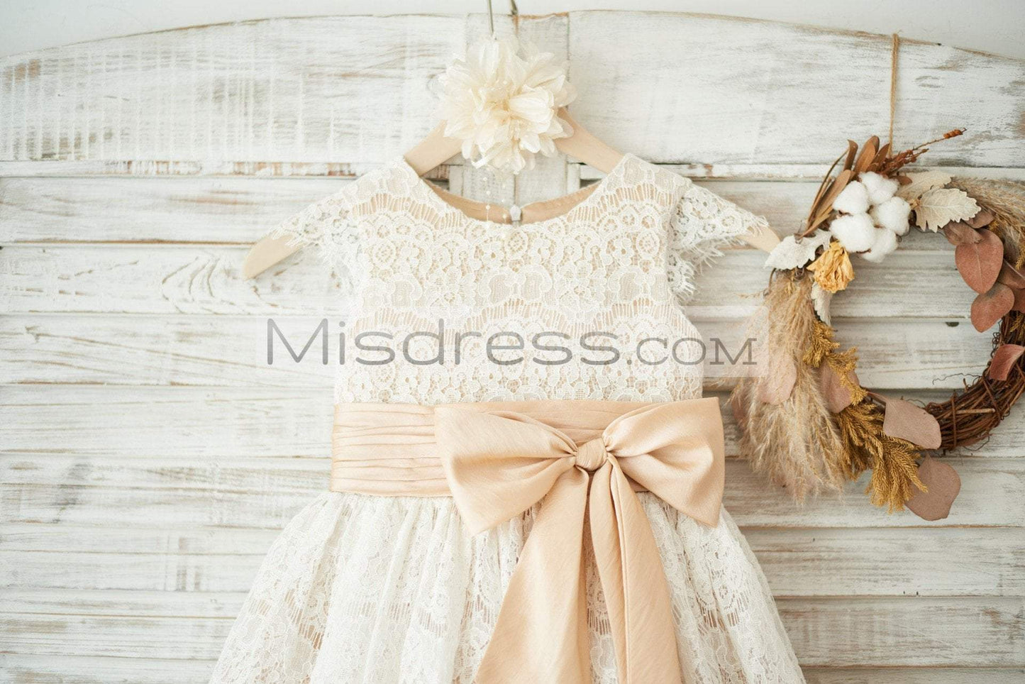 Champagne Satin Ivory Lace Cap Sleeves Wedding Flower Girl Dress with Bow Belt - Flower Girl Dresses