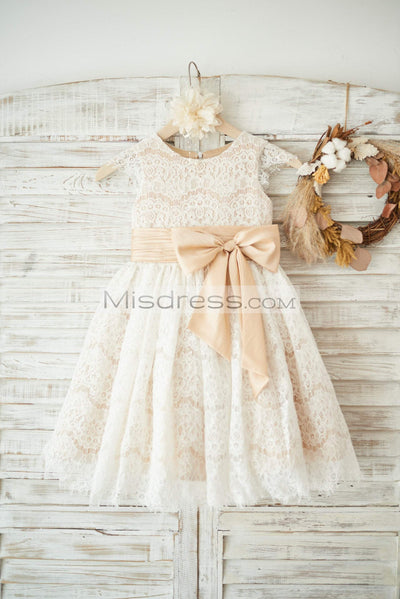 Champagne Satin Ivory Lace Cap Sleeves Wedding Flower Girl Dress with Bow Belt - Flower Girl Dresses