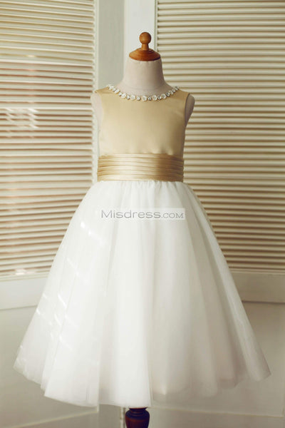 Champagne Satin Ivory Tulle Wedding Flower Girl Dress with Beaded Neckline - Flower Girl Dresses