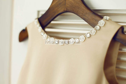 Champagne Satin Ivory Tulle Wedding Flower Girl Dress with Beaded Neckline - Flower Girl Dresses