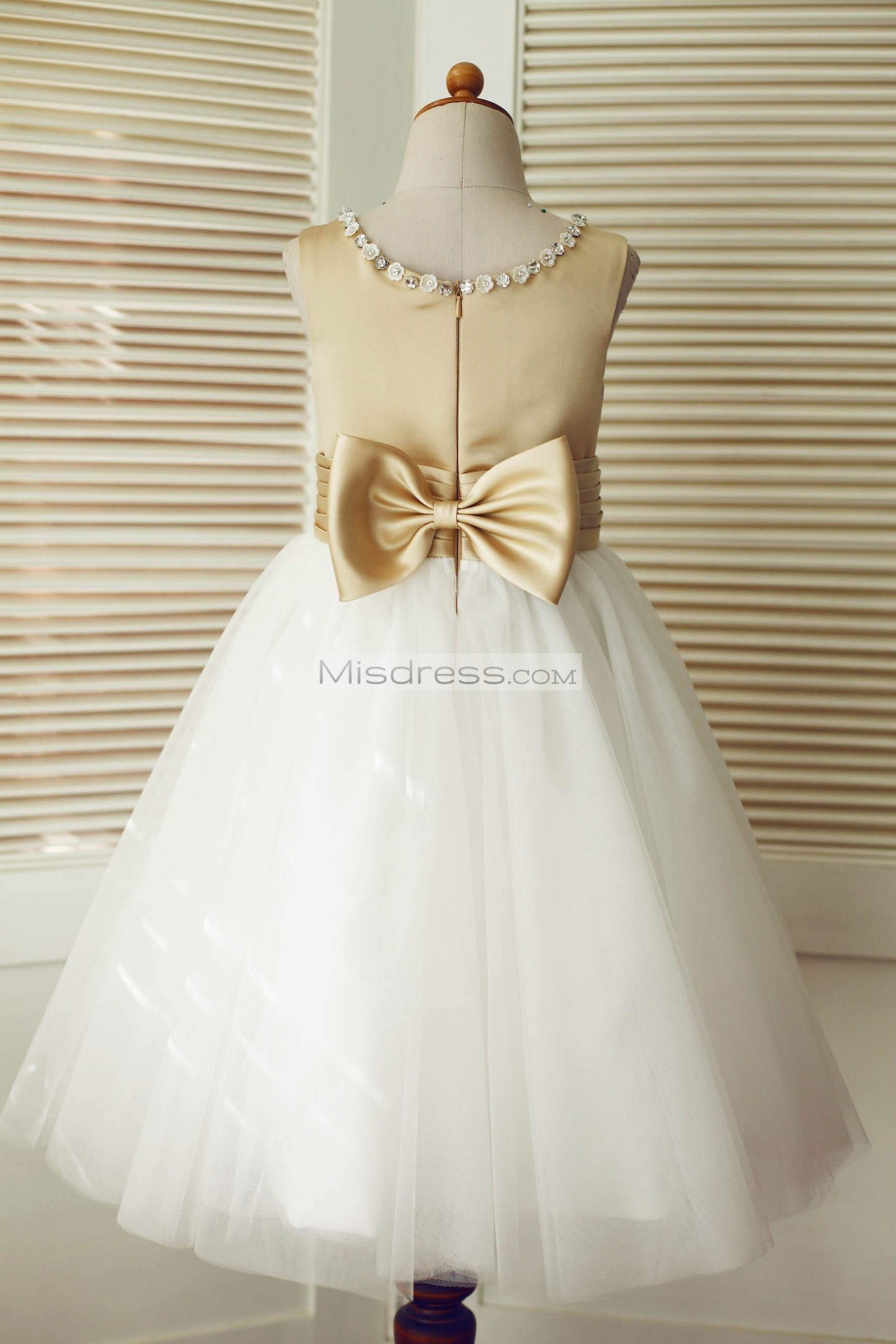 Champagne Satin Ivory Tulle Wedding Flower Girl Dress with Beaded Neckline - Flower Girl Dresses