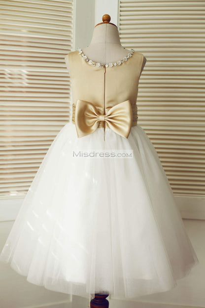 Champagne Satin Ivory Tulle Wedding Flower Girl Dress with Beaded Neckline - Flower Girl Dresses