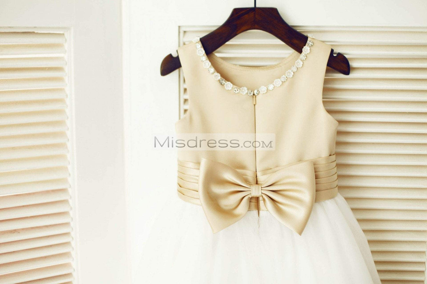 Champagne Satin Ivory Tulle Wedding Flower Girl Dress with Beaded Neckline - Flower Girl Dresses