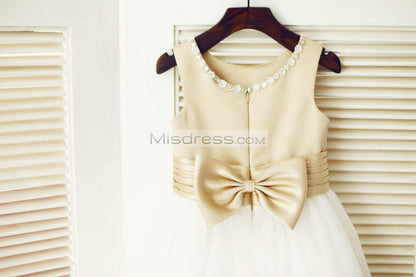 Champagne Satin Ivory Tulle Wedding Flower Girl Dress with Beaded Neckline - Flower Girl Dresses