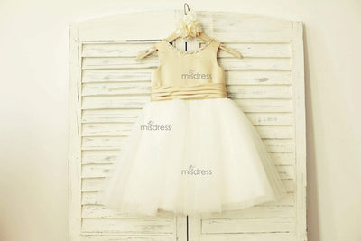 Champagne Satin Ivory Tulle Flower Girl Dress with bow - Flower Girl Dresses