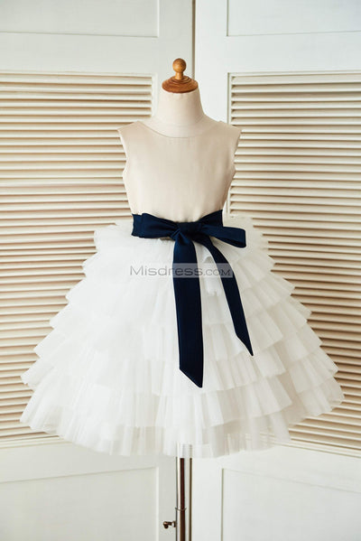 V Back Champagne Satin Ivory Tulle Wedding Flower Girl Dress with Navy Blue Belt - Flower Girl Dresses