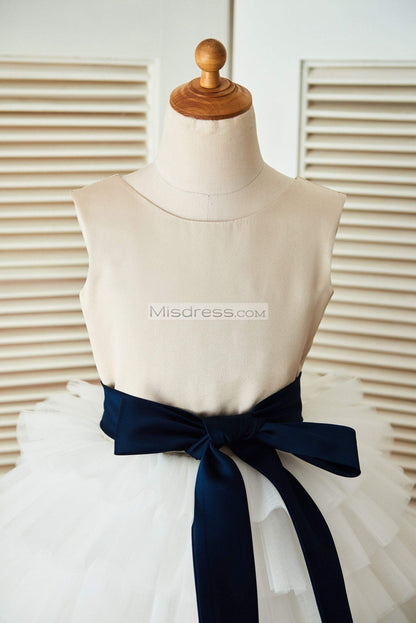 V Back Champagne Satin Ivory Tulle Wedding Flower Girl Dress with Navy Blue Belt - Flower Girl Dresses