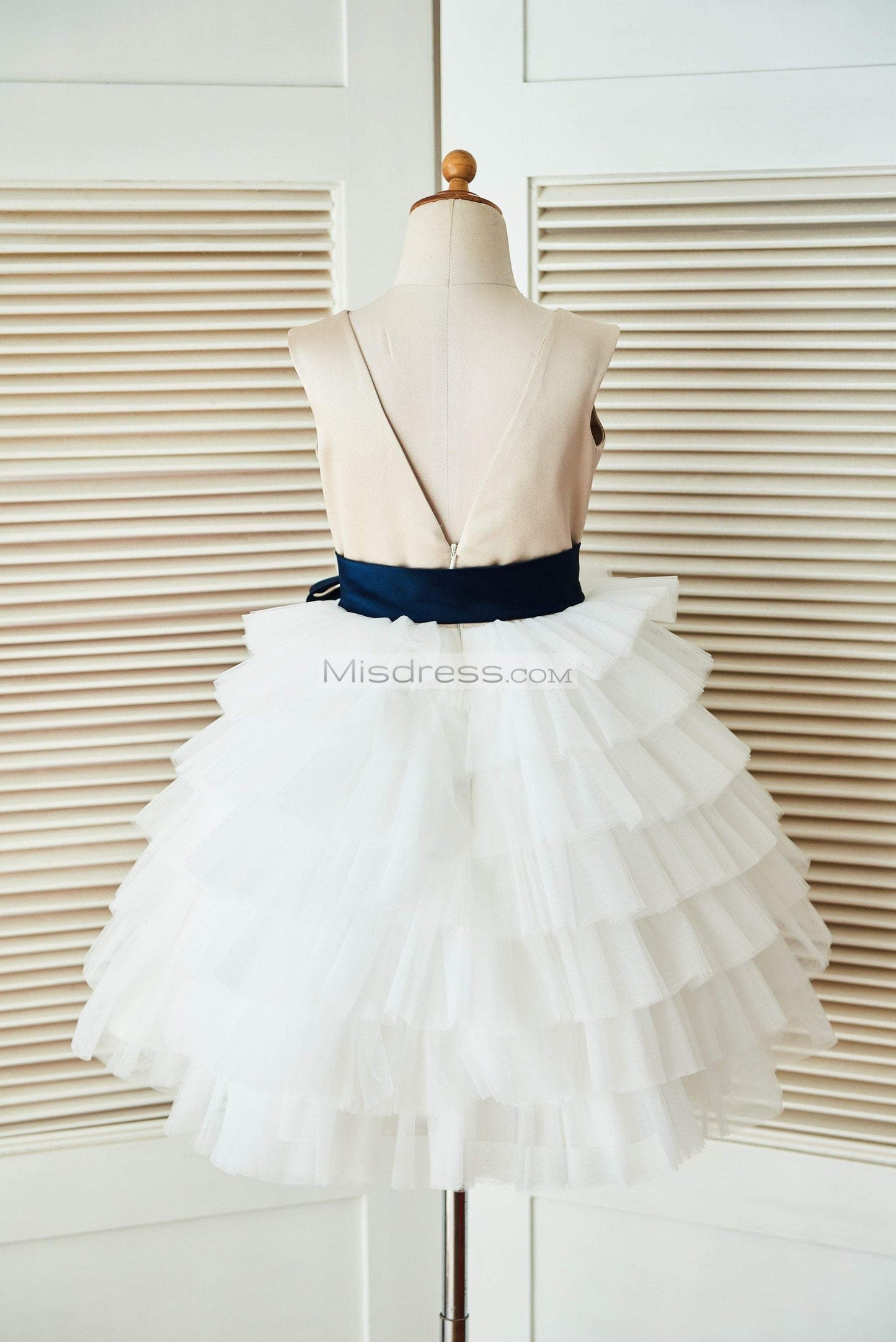 V Back Champagne Satin Ivory Tulle Wedding Flower Girl Dress with Navy Blue Belt - Flower Girl Dresses