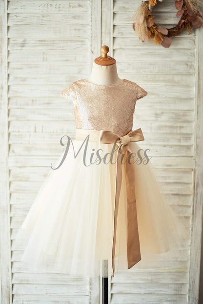 Champagne Sequin Tulle Flower Girl Dress with Cap Sleeves - Flower Girl Dresses