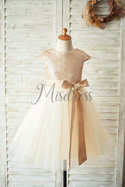 Champagne Sequin Tulle Flower Girl Dress with Cap Sleeves - Flower Girl Dresses