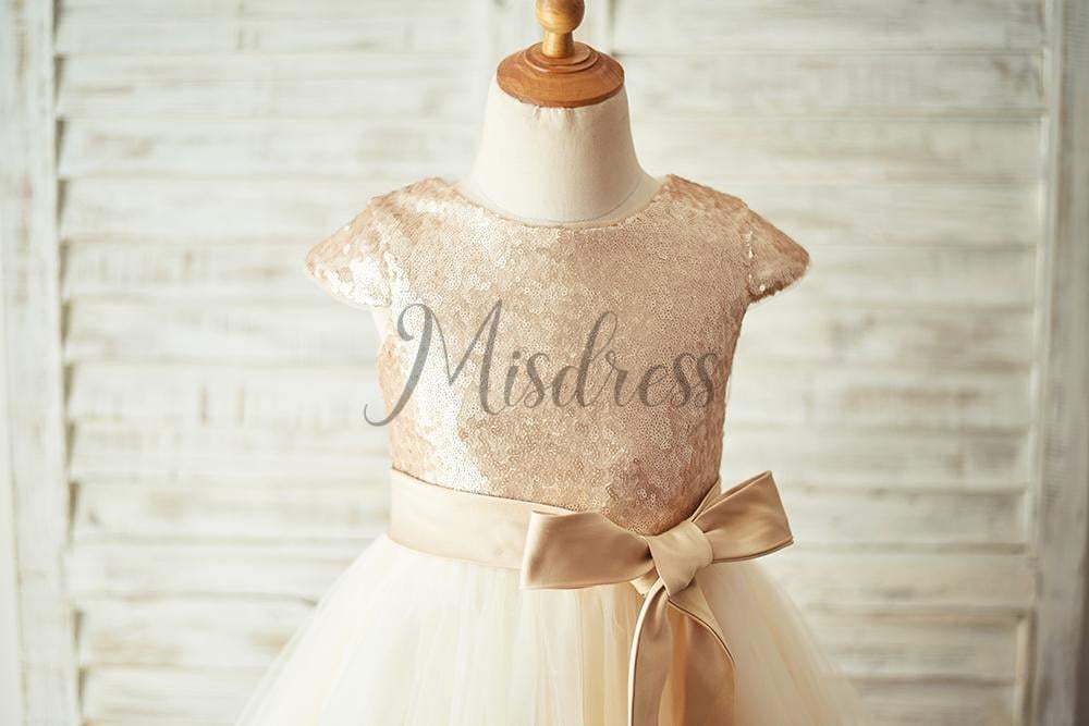 Champagne Sequin Tulle Flower Girl Dress with Cap Sleeves - Flower Girl Dresses