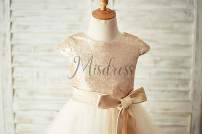 Champagne Sequin Tulle Flower Girl Dress with Cap Sleeves - Flower Girl Dresses