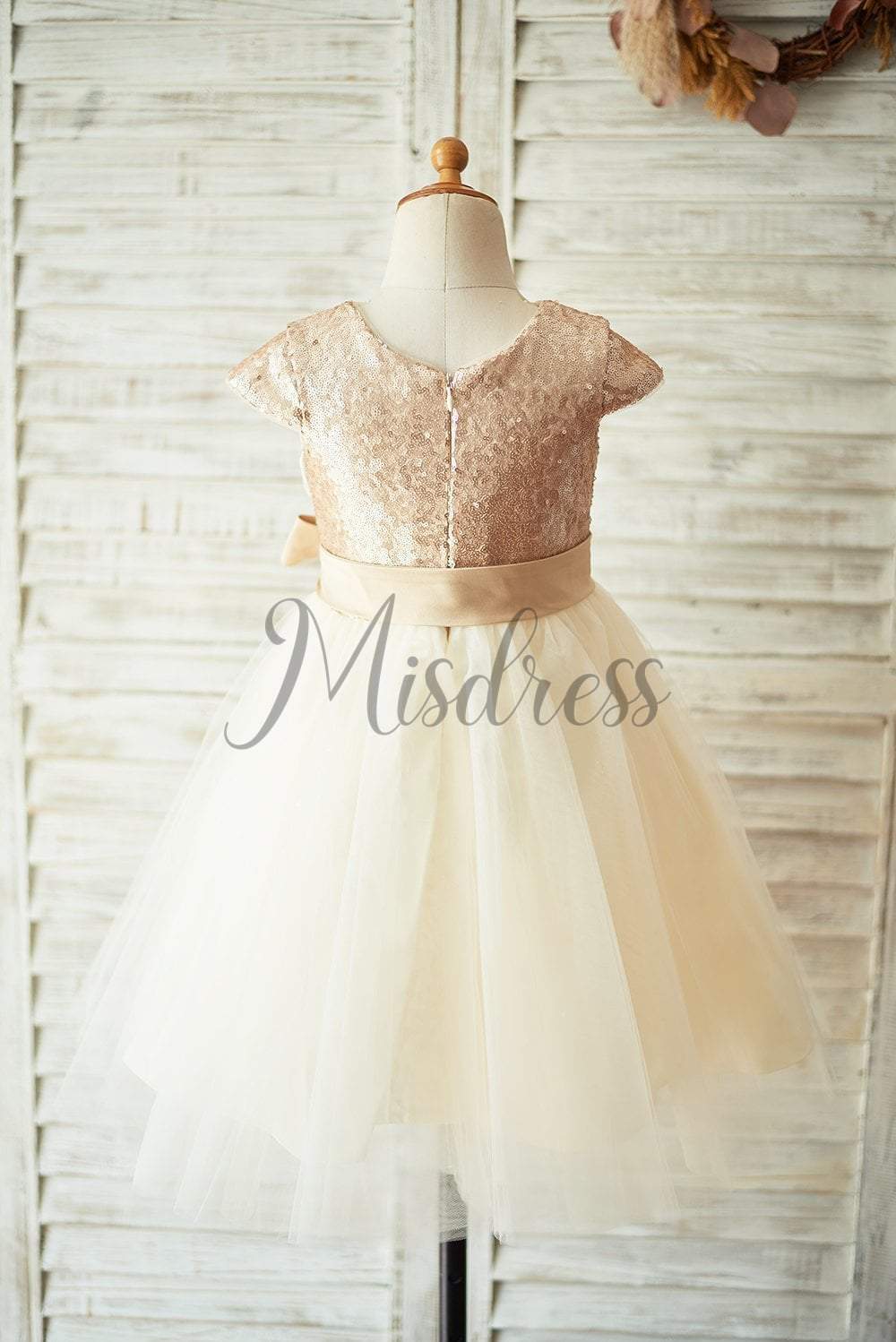 Champagne Sequin Tulle Flower Girl Dress with Cap Sleeves - Flower Girl Dresses
