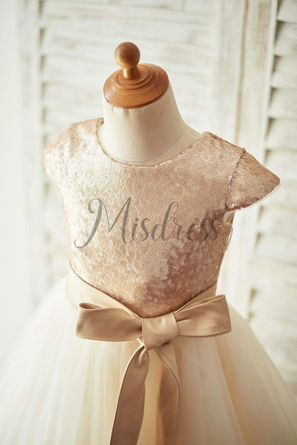 Champagne Sequin Tulle Flower Girl Dress with Cap Sleeves - Flower Girl Dresses