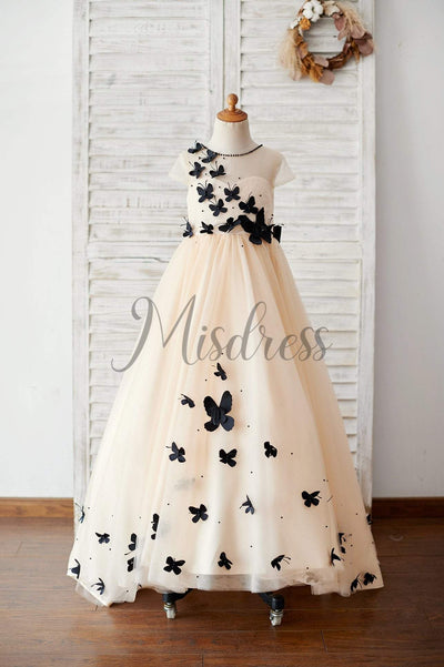 Champagne Tulle Cap Sleeves Wedding Flower Girl Dress with Black Butterflies - Flower Girl Dresses