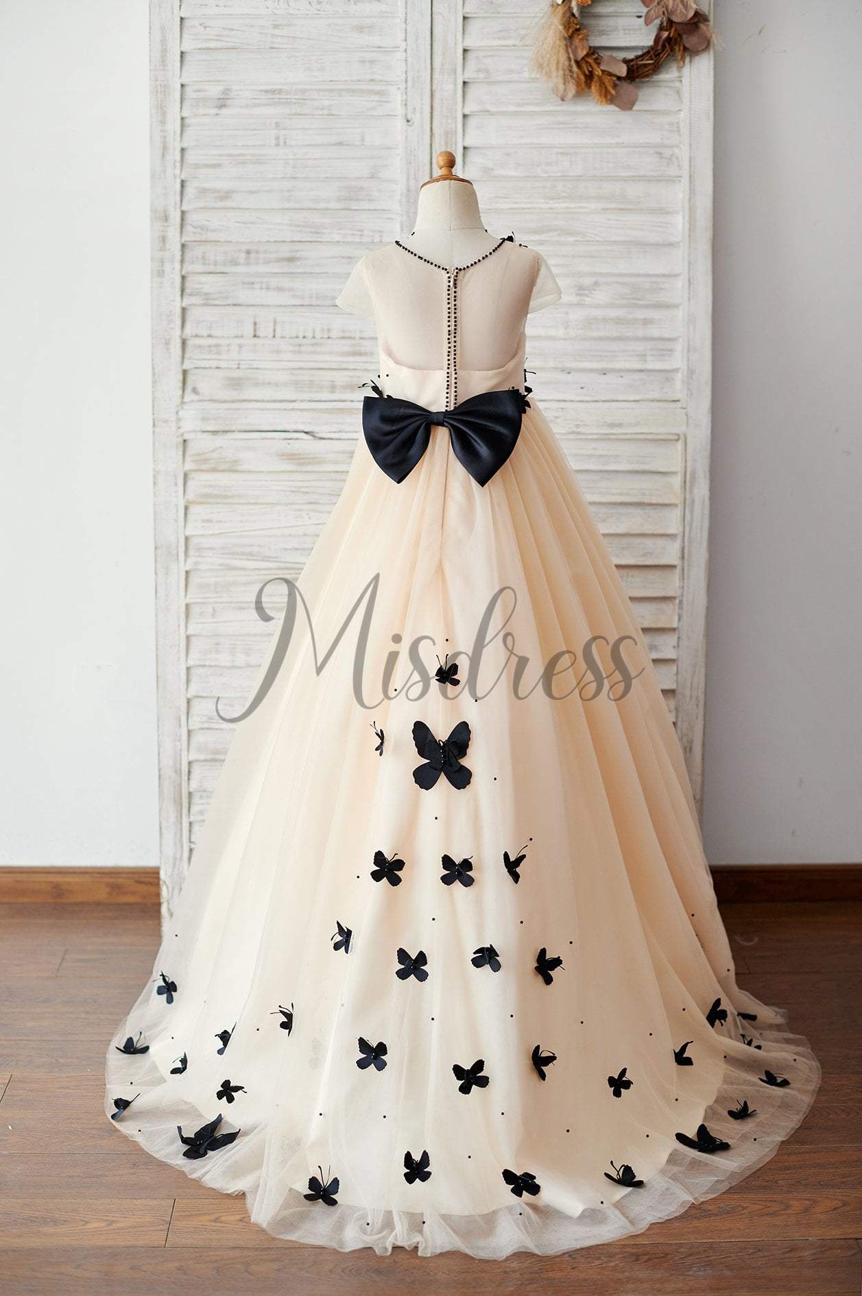 Champagne Tulle Cap Sleeves Wedding Flower Girl Dress with Black Butterflies - Flower Girl Dresses