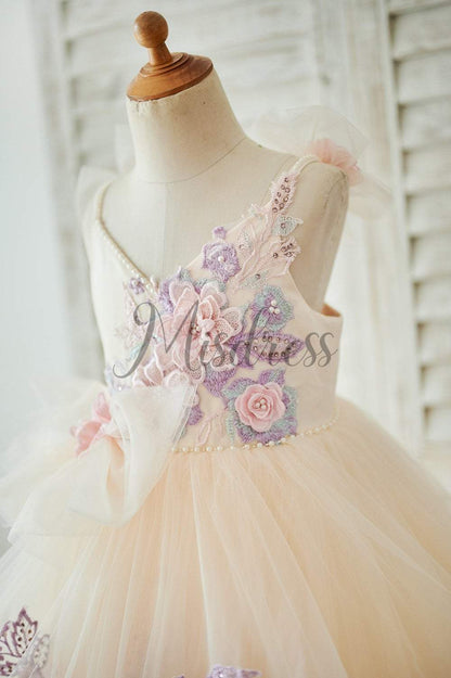 Champagne Tulle Spaghetti Straps Pearls Wedding Flower Girl Dress with Embroidery Lace - Flower Girl Dresses