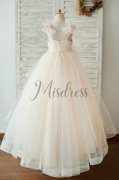 Champagne Tulle Spaghetti Straps Pearls Wedding Flower Girl Dress with Embroidery Lace - Flower Girl Dresses