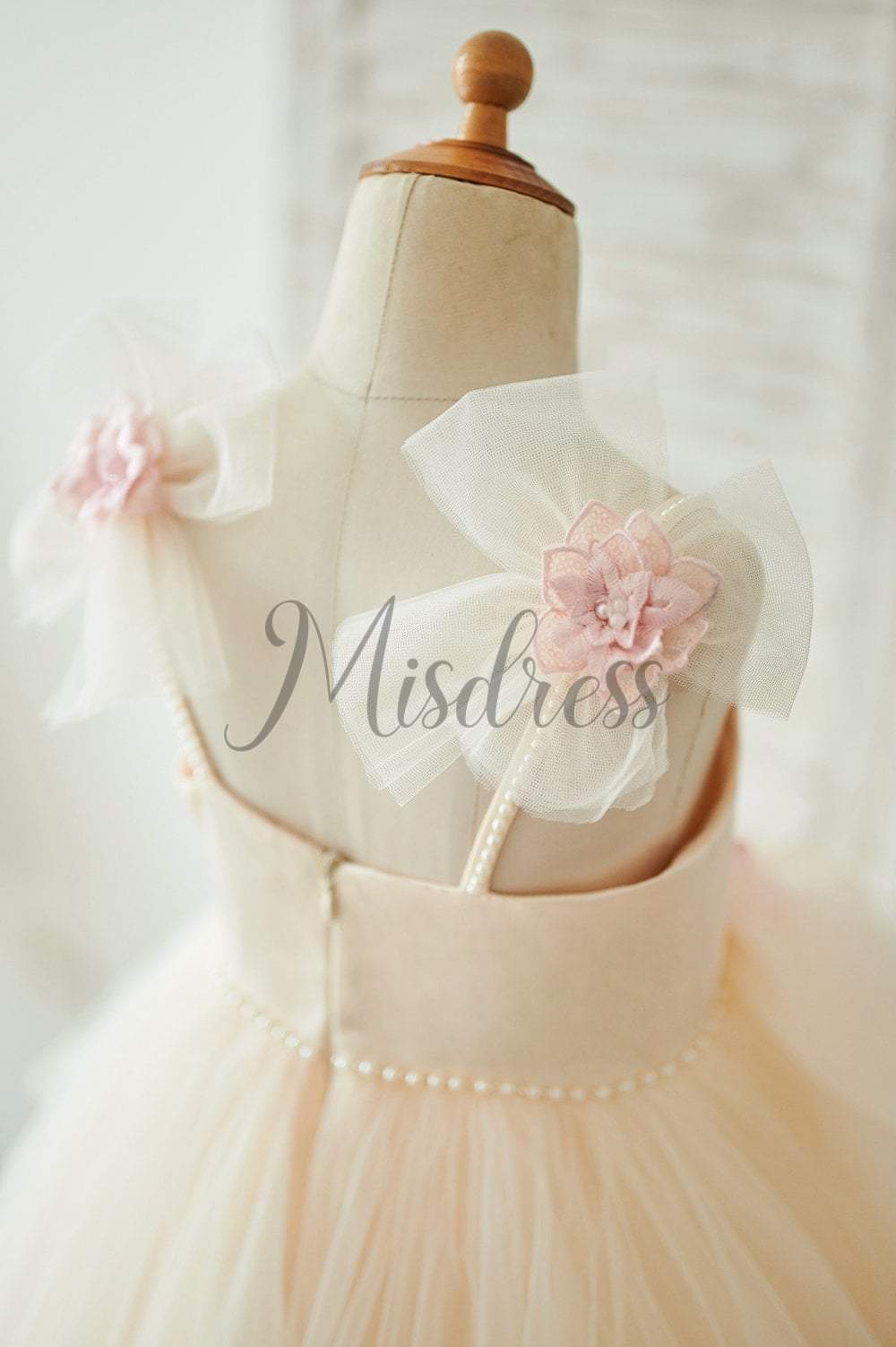 Champagne Tulle Spaghetti Straps Pearls Wedding Flower Girl Dress with Embroidery Lace - Flower Girl Dresses