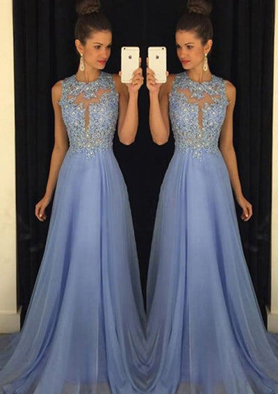 Chiffon A-Line Key-hole Back Scoop Neck Sweep Train Prom 