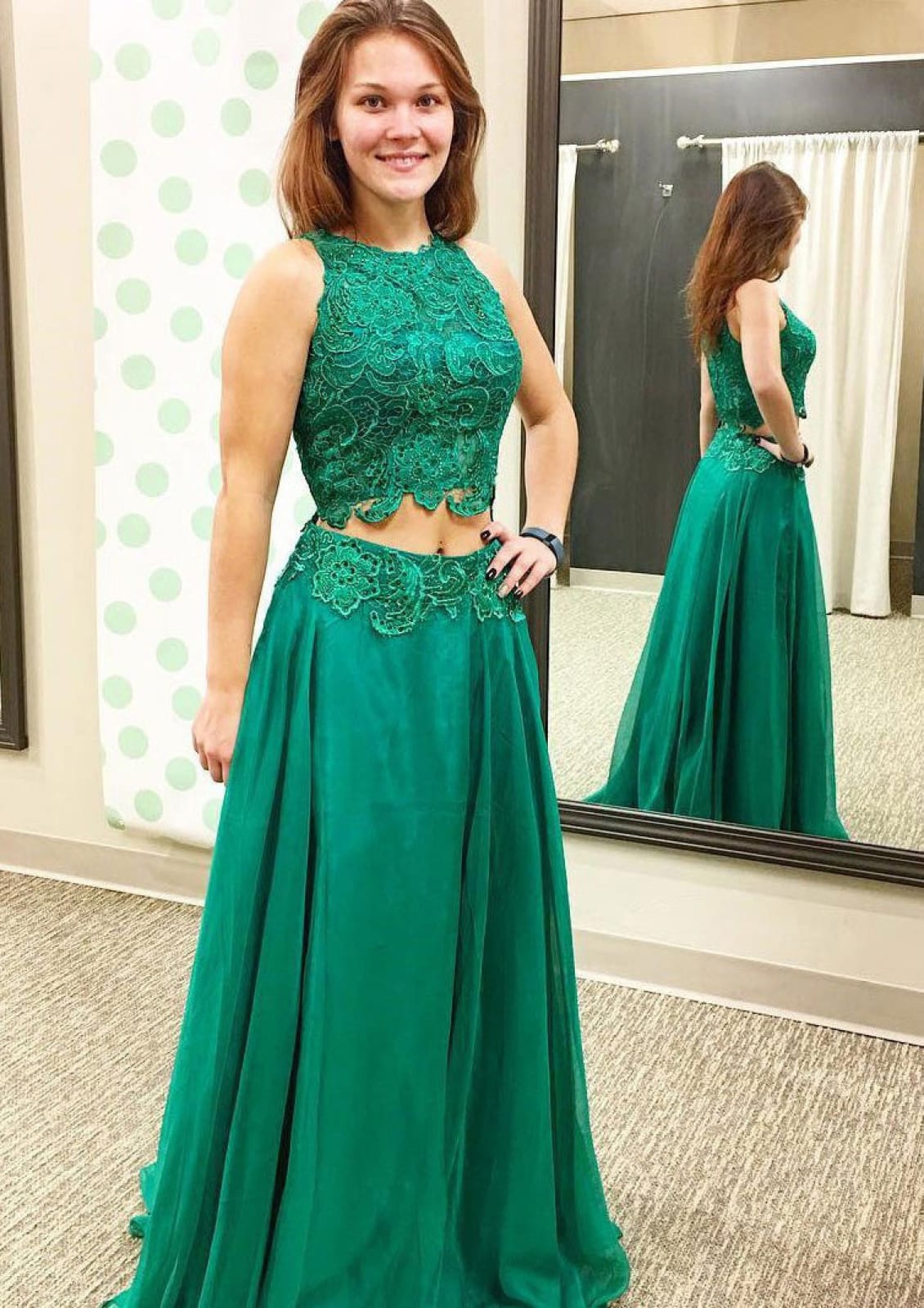Chiffon Prom Gown Emerald Green Lace A-Line Sleeveless Two-Piece Dress ...