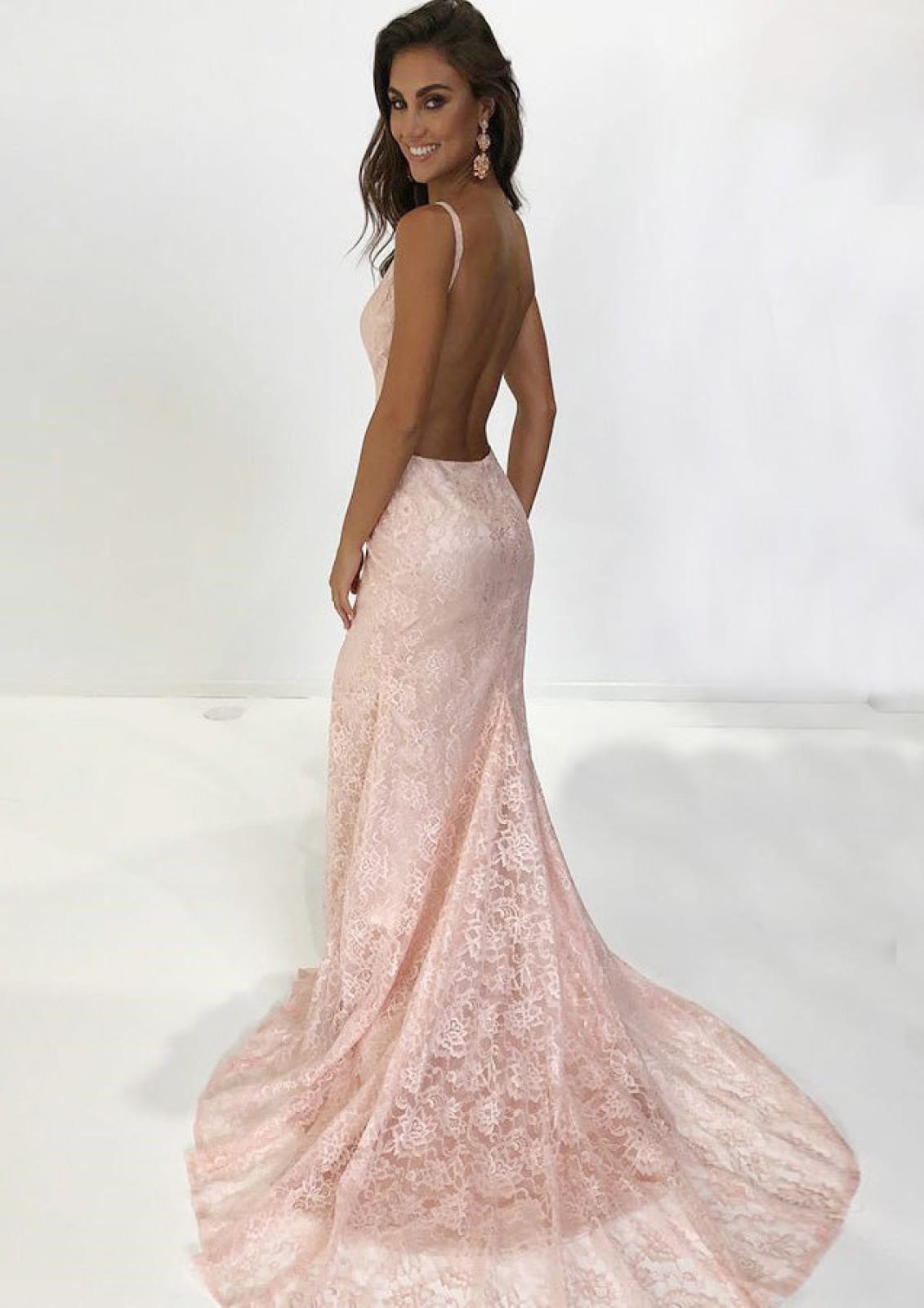Column V Neck Straps Backless Sleeveless Fishtail Court Pink Lace Even | Misdress Column V Neck Straps Backless Sleeveless Fishtail Court Pink Lace Even | Misdress