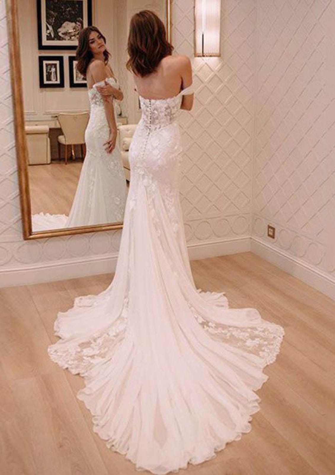 Column Off Shoulder Backless Fishtail Chapel Lace Chiffon Wedding Dress Column Off Shoulder Backless Fishtail Chapel Lace Chiffon Wedding Dress