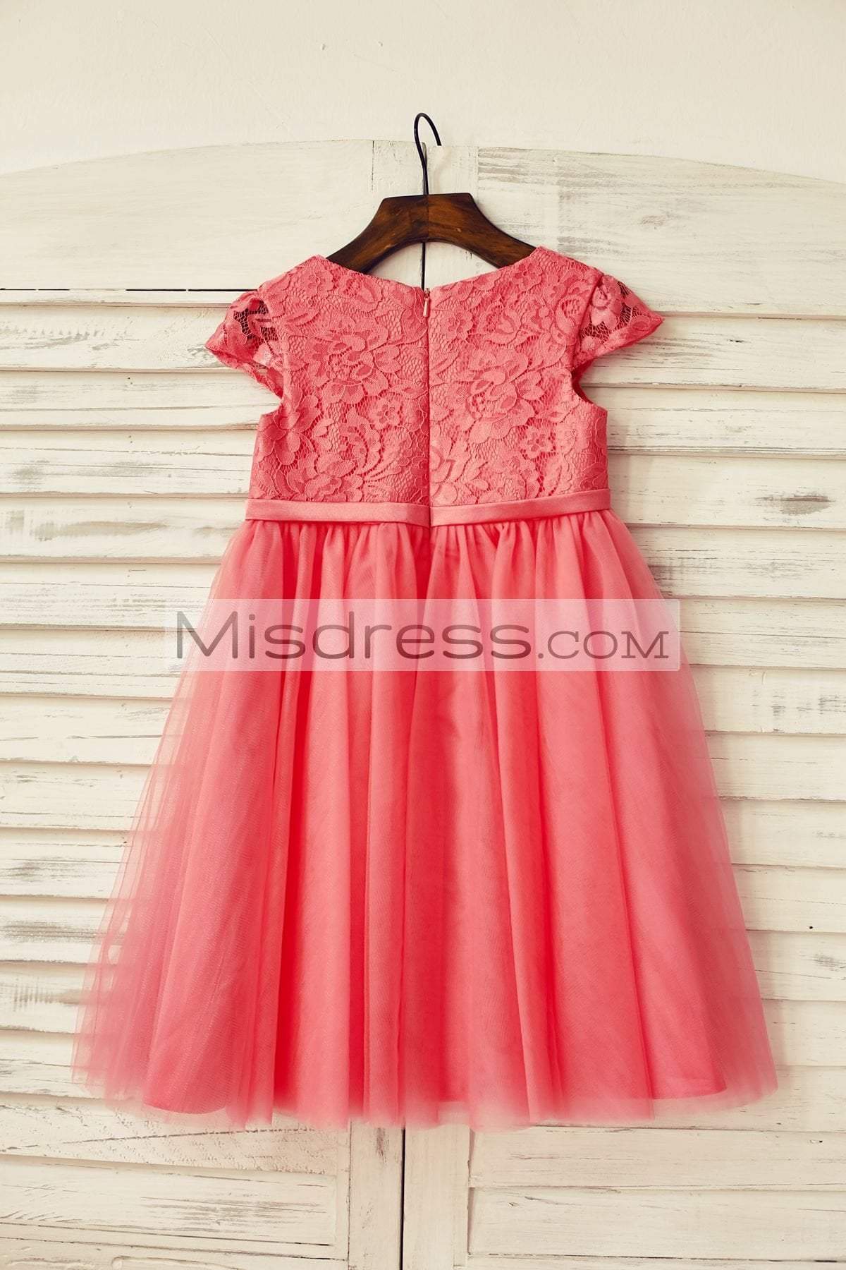 Coral Lace Tulle Cap Sleeve Flower Girl Dress - Flower Girl Dresses