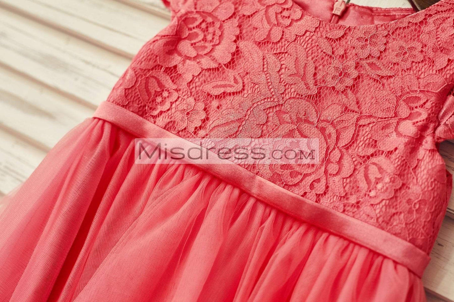 Coral Lace Tulle Cap Sleeve Flower Girl Dress - Flower Girl Dresses