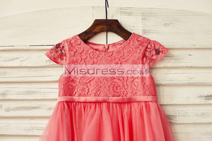 Coral Lace Tulle Cap Sleeve Flower Girl Dress - Flower Girl Dresses