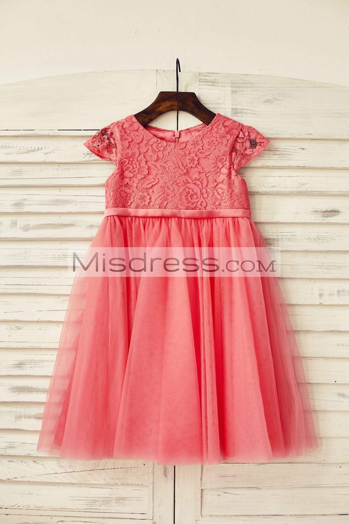 Coral Lace Tulle Cap Sleeve Flower Girl Dress - Flower Girl Dresses
