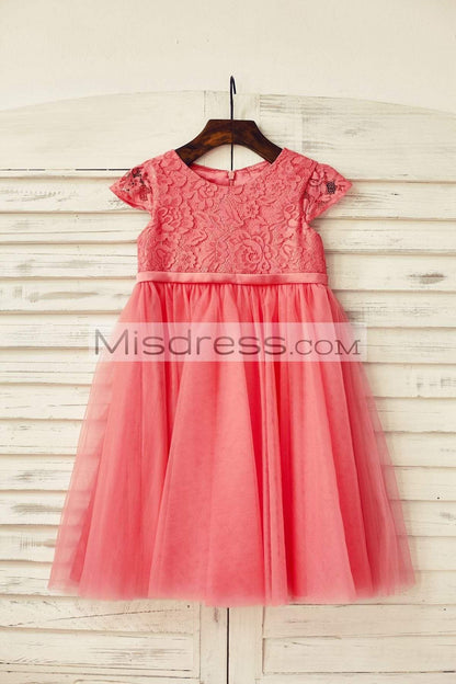 Coral Lace Tulle Cap Sleeve Flower Girl Dress - Flower Girl Dresses