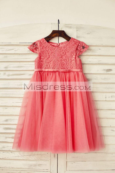 Coral Lace Tulle Cap Sleeve Flower Girl Dress - Flower Girl Dresses