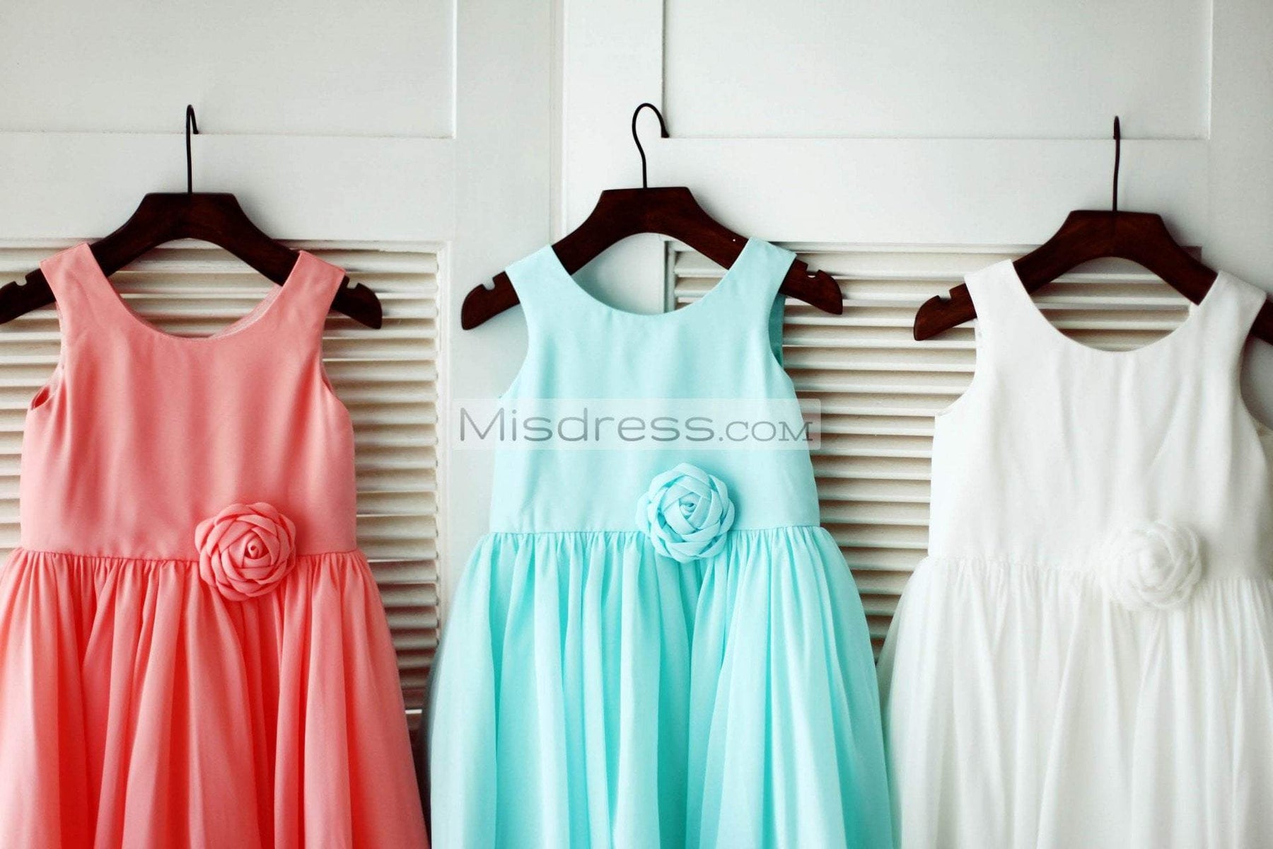 Coral Mint Blue Ivory Chiffon Wedding Flower Girl Dress Flower 8T Chest 27 inches Waist 26 inches Hollow to Knee 27.5 Inches Coral