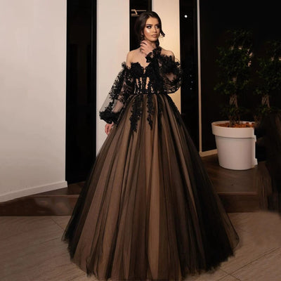 Corset Off Shoulder Puffy Sleeves Tulle Black Wedding Dress 