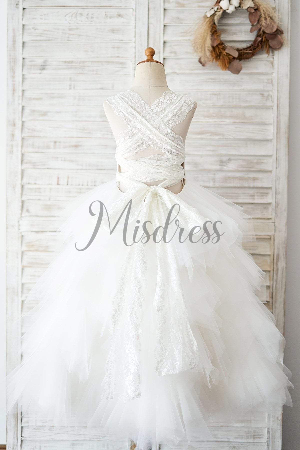 Backless Ivory Lace Ruffle Tulle Wedding Flower Girl Dress - Flower Girl Dresses