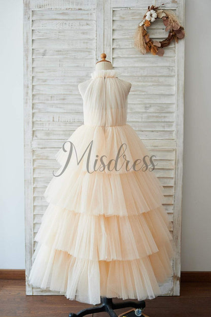 Cupcake Champagne Tulle Halter Neck Floor Length Wedding Flower Girl Dress - Flower Girl Dresses