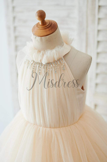 Cupcake Champagne Tulle Halter Neck Floor Length Wedding Flower Girl Dress - Flower Girl Dresses