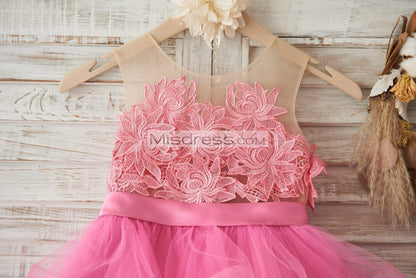 Cupcake Fuchsia Lace Tulle Wedding Flower Girl Dress With Horsehair Tulle Hem - Flower Girl Dresses