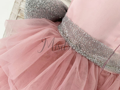 Cupcake Mauve Tulle V Neck Wedding Flower Girl Dress with Glittering Belt