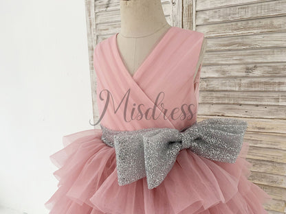 Cupcake Mauve Tulle V Neck Wedding Flower Girl Dress with Glittering Belt