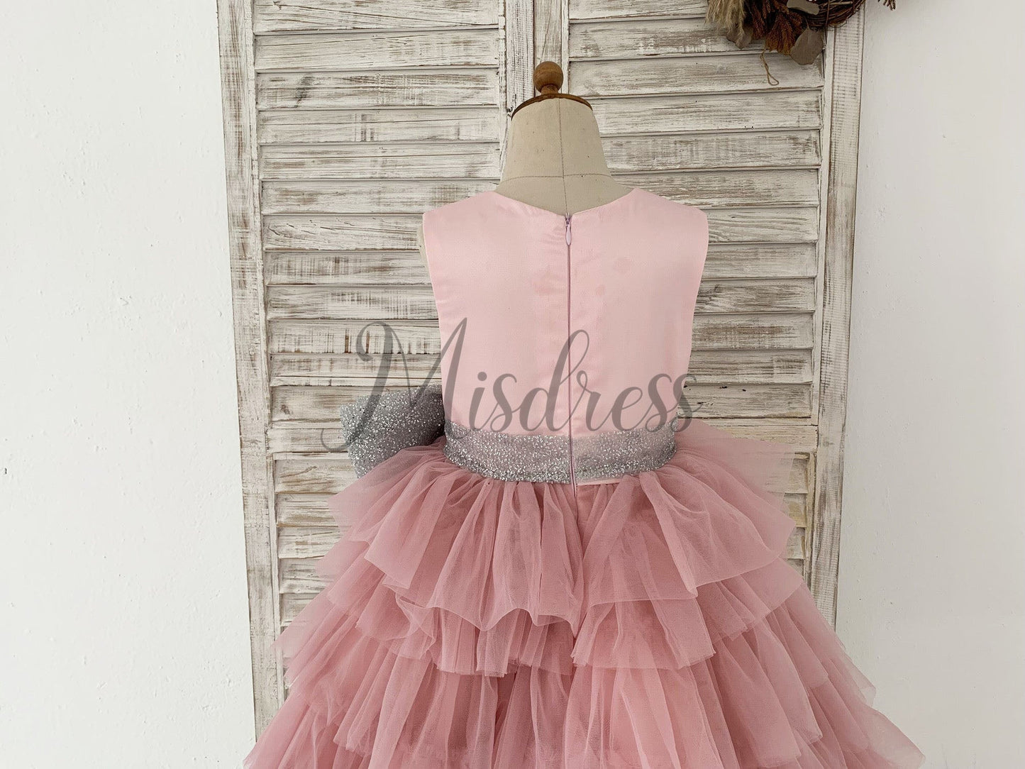 Cupcake Mauve Tulle V Neck Wedding Flower Girl Dress with Glittering Belt