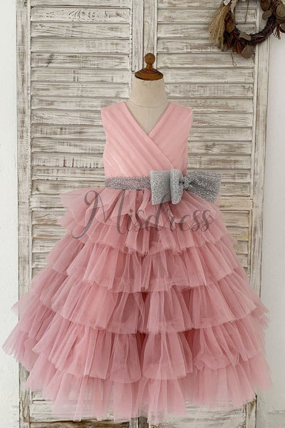 Cupcake Mauve Tulle V Neck Wedding Flower Girl Dress with Glittering Belt