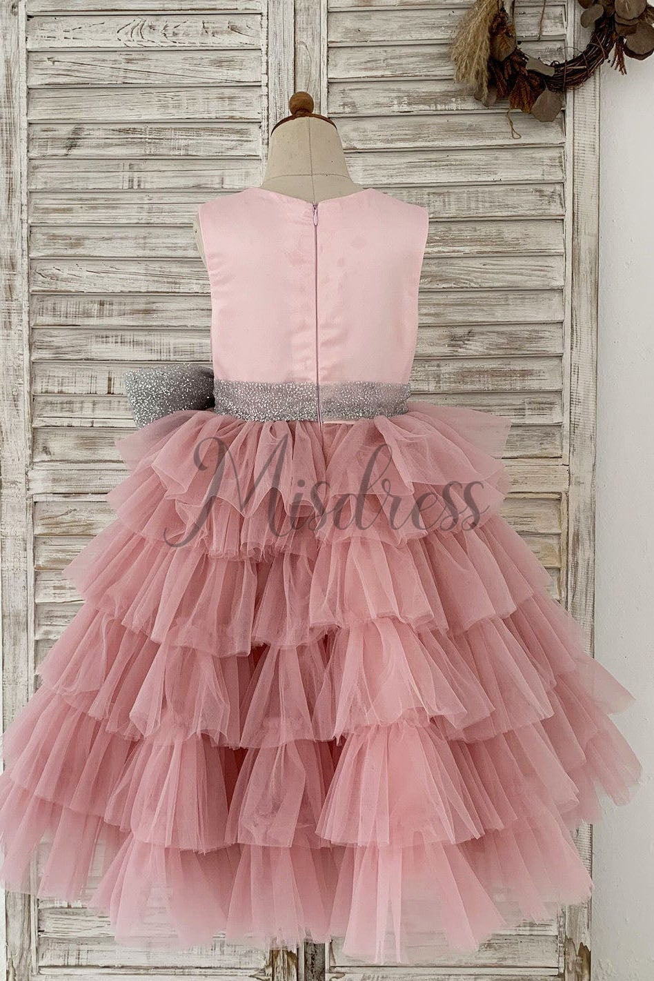 Cupcake Mauve Tulle V Neck Wedding Flower Girl Dress with Glittering Belt