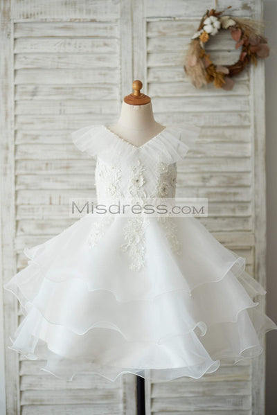 Cupcake V Neck Ivory Lace Organza Wedding Flower Girl Dress with Beading - Flower Girl Dresses