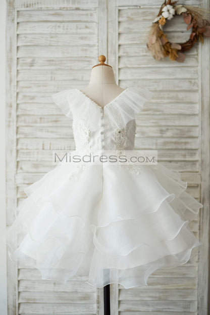 Cupcake V Neck Ivory Lace Organza Wedding Flower Girl Dress with Beading - Flower Girl Dresses